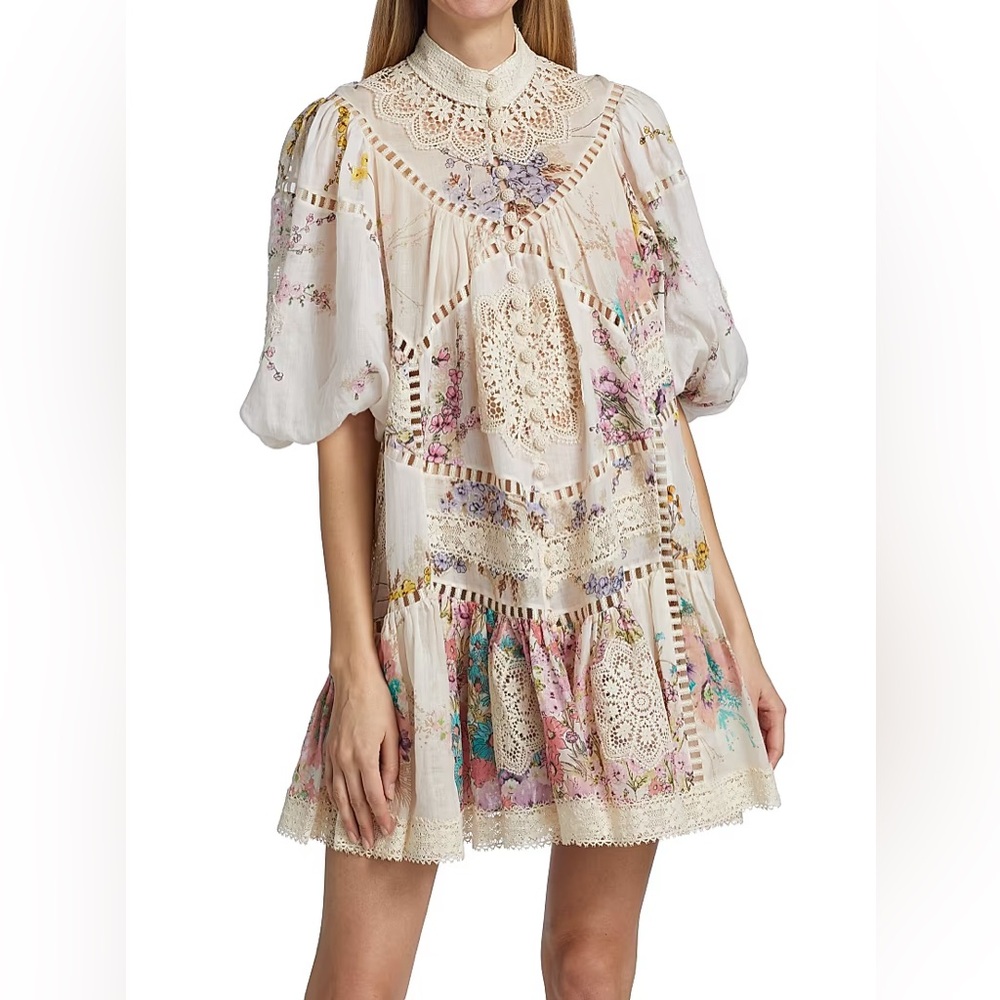 Zimmermann Jude Floral Lace Button-Front Minidress